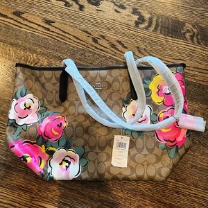 Coach City Tote In Signature Canvas With Vintage Rose Print floral discontinued